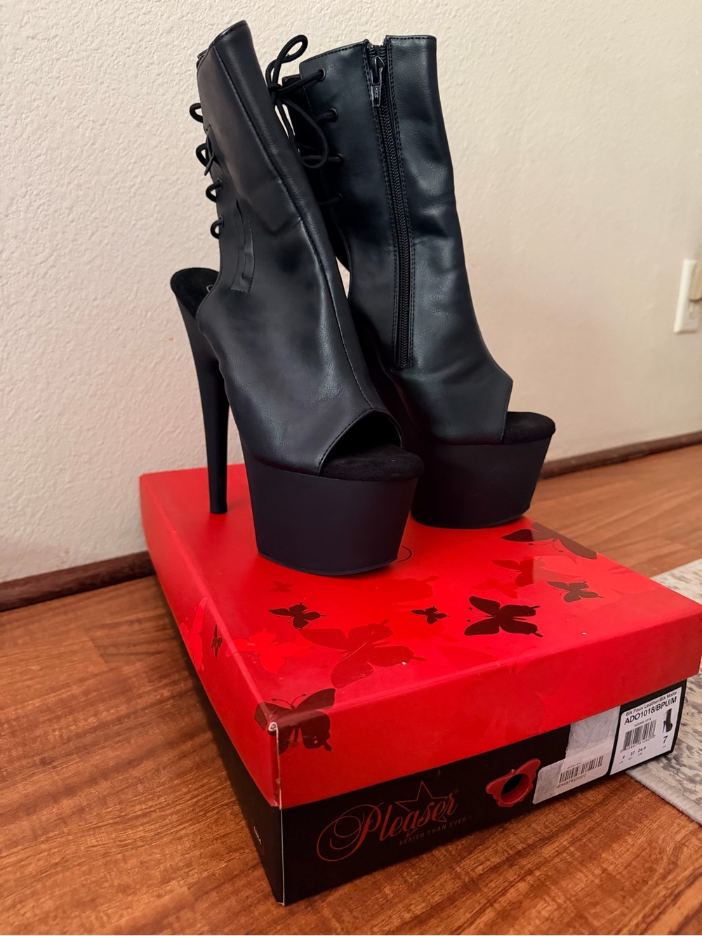 Pleaser Black Peep-Toe Lace-Up Platform Ankle Boots